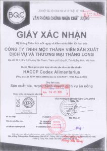 Giấy chứng nhận HACCP tiêu chuẩn an toàn sản xuất rượu ba kích Thăng Long