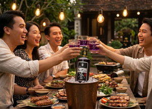 Rượu Ba Kích Yên Tử nâng tầm tiệc đồ nướng BBQ Nhóm bạn nâng ly Rượu Ba Kích Yên Tử tím thẫm bên bàn tiệc BBQ
