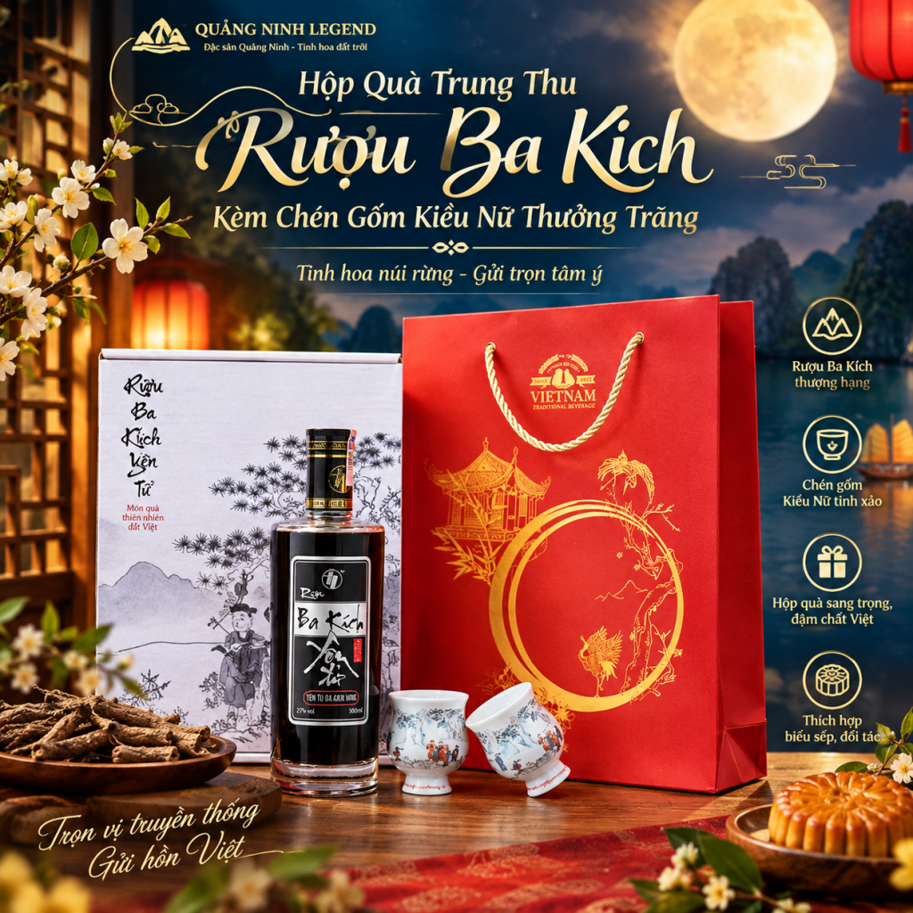 Quảng Ninh Legend: Hộp Quà Trung Thu Rượu Ba Kích Kèm Chén Gốm Kiều Nữ Thưởng Trăng